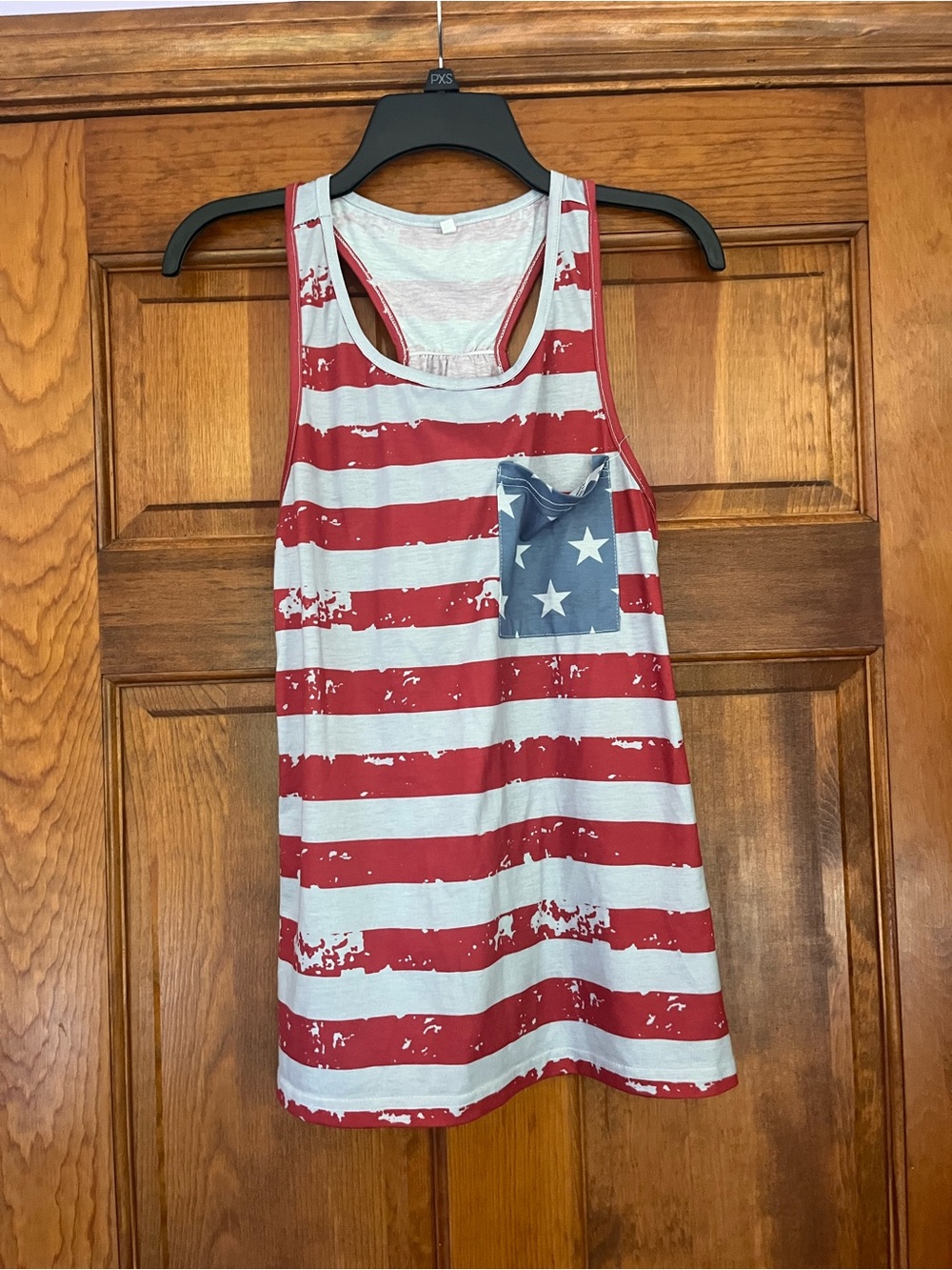 Women's Red and White Striped Racerback Tank Top with Star Pocket